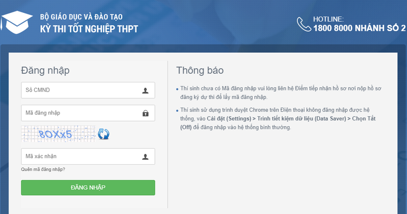 Ảnh chụp màn hình địa chỉ truy cập trang http://thisinh.thithptquocgia.edu.vn để tra cứu điểm thi. Ảnh: dantocmiennui.vn