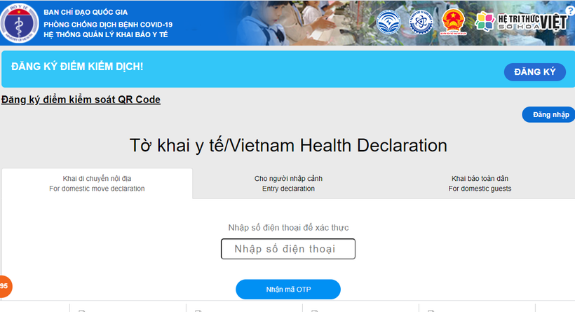 Giao diện trang web khai báo y tế tokhaiyte.vn
