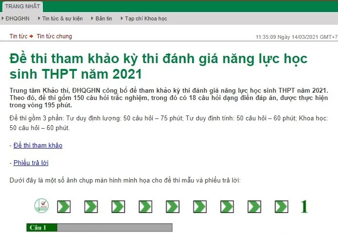 Ngày 14/3, Đại học Quốc gia Hà Nội chính thức công bố đề thi tham khảo kỳ thi đánh giá năng lực học sinh trung học phổ thông năm 2021. Ảnh :baochinhphu.vn