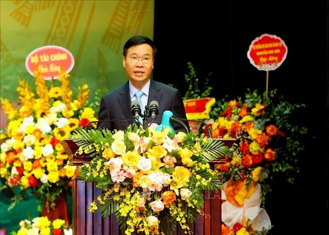 Đồng chí Võ Văn Thưởng, Ủy viên Bộ Chính trị, Thường trực Ban Bí thư phát biểu chỉ đạo Đại hội. Ảnh: Tuấn Đức - TTXVN 