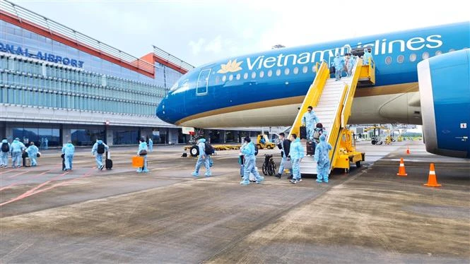 Sân bay Vân Đồn đón hơn 300 hành khách có hộ chiếu vaccine từ Pháp. Ảnh: TTXVN phát 