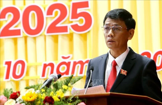 Đồng chí Lâm Văn Mẫn, Bí thư Tỉnh ủy Sóc Trăng nhiệm kỳ 2020-2025, phát biểu tại Đại hội. Ảnh: Trung Hiếu-TTXVN