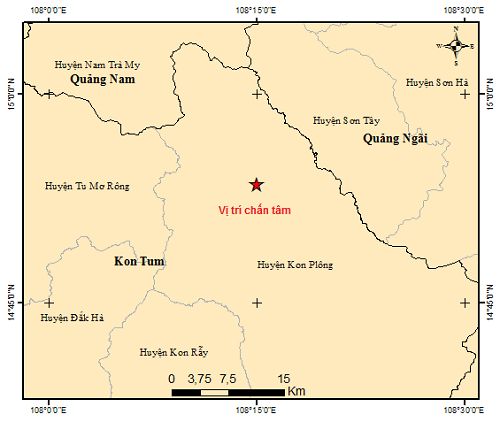 Bản đồ chấn tâm trận động đất ở Kon Plông (Kon Tum) sáng 21/5/2021. Ảnh: igp-vast.vn