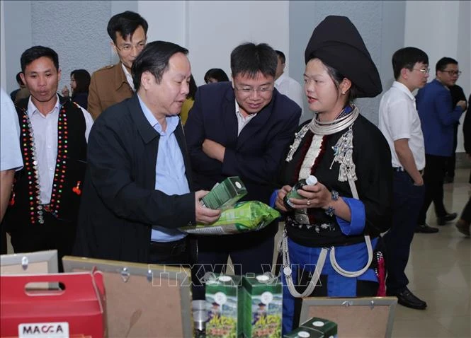 Các đại biểu tham quan gian trưng bày các sản phẩm được công nhận sản phẩm OCOP tỉnh Lai Châu năm 2020. Ảnh: Quý Trung – TTXVN
