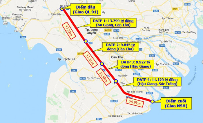 Dự kiến hướng tuyến dự án cao tốc Châu Đốc - Cần Thơ - Sóc Trăng. Ảnh: baogiaothong.vn 