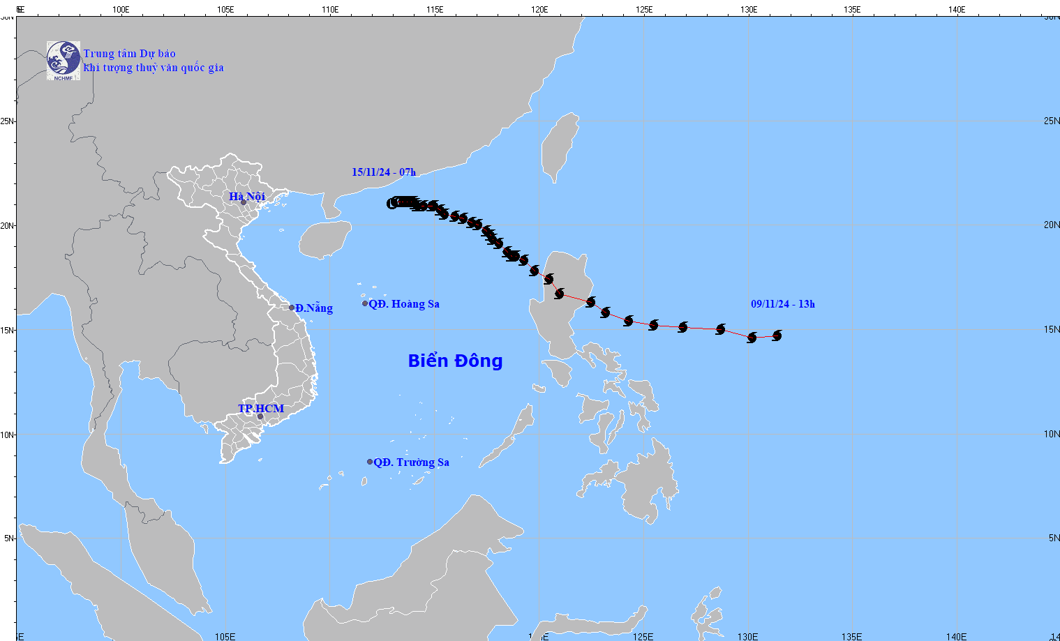 Đường đi của bão số 8 tính đến 7 giờ sáng 15/11/2024. Ảnh: nchmf.gov.vn baoso8.gif