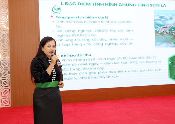 Phó Giám đốc Trung tâm Kỹ thuật Nông nghiệp tỉnh Sơn La Ngần Thị Minh Thanh phát biểu tại diễn đàn. Ảnh: Hoàng Hùng/TTXVN Phó Giám đốc Trung tâm Kỹ thuật Nông nghiệp tỉnh Sơn La Ngần Thị Minh Thanh phát biểu tại diễn đàn. Ảnh: Hoàng Hùng/TTXVN