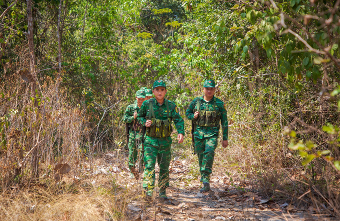 Cán bộ, chiến sĩ Bộ đội Biên phòng Tây Ninh tuần tra nơi tuyến đầu, vững vàng tay súng, giữ bình yên phên dậu Tổ quốc. Ảnh: Giang Phương/TTXVN