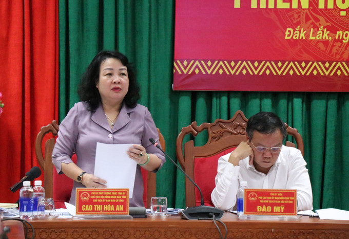 Bà Cao Thị Hòa An, Phó Bí thư Thường trực Tỉnh ủy, Chủ tịch HĐND tỉnh, Chủ tịch Ủy ban Bầu cử tỉnh Đắk Lắk phát biểu.