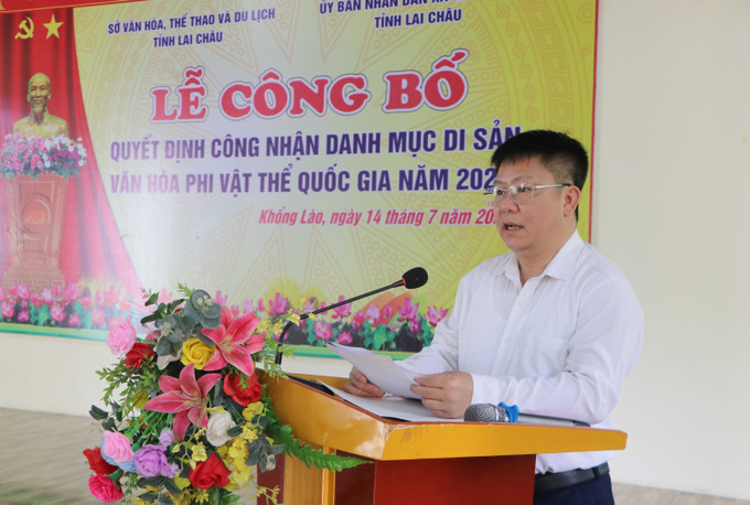 Ông Trần Mạnh Hùng, Giám đốc Sở Văn hoá, Thể thao và Du lịch tỉnh Lai Châu phát biểu tại lễ công bố. Ông Trần Mạnh Hùng, Giám đốc Sở Văn hoá, Thể thao và Du lịch tỉnh Lai Châu phát biểu tại lễ công bố.