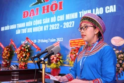 Bí thư tỉnh đoàn Lào Cai nhiệm kỳ 2022-2027 Giàng Thị Mai phát biểu khai mạc đại hội. Ảnh: Quốc Khánh - TTXVN