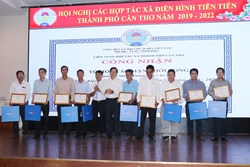Công nhận danh hiệu điển hình tiên tiến cho các HTX, Tổ Hợp tác. Ảnh: Ngọc Thiện - TTXVN 
