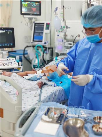 Các bác sỹ Bệnh viện Nhi đồng Thành phố đang điều trị tích cực cho bệnh nhi sốc sốt xuất huyết nặng. Ảnh: TTXVN phát Thành phố Hồ Chí Minh: Liên tiếp cứu sống hai bệnh nhi sốc sốt xuất huyết nặng ảnh 3