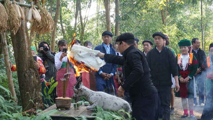 Thầy cúng thực hiện các nghi lễ cúng thần linh. Ảnh: Hoàng Hải Tái hiện Lễ cúng thần rừng đầu nguồn của đồng bào dân tộc Mông ảnh 8