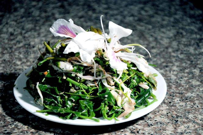Món nộm hoa Ban. Ảnh: Quang Quyết-TTXVN Những món ăn độc đáo từ hoa ban ảnh 3