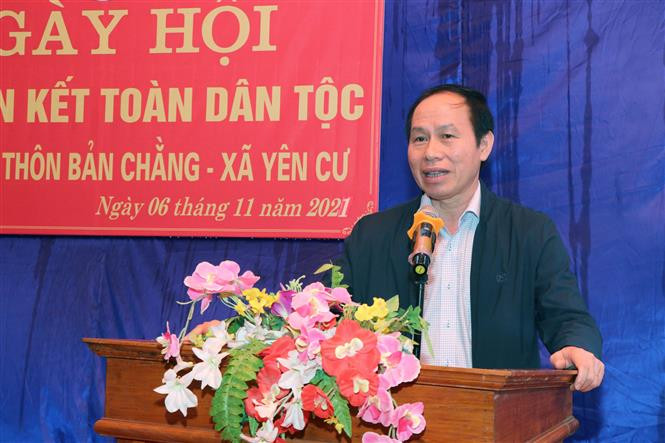 Ông Lê Tiến Châu - Ủy viên Ban Chấp hành Trung ương Đảng, Phó Chủ tịch, Tổng thư ký Ủy ban Trung ương Mặt trận Tổ quốc Việt Nam phát biểu tại ngày hội. Ảnh: Vũ Hoàng Giang - TTXVN Ngày hội Đại đoàn kết toàn dân tộc tại Bắc Kạn ảnh 1