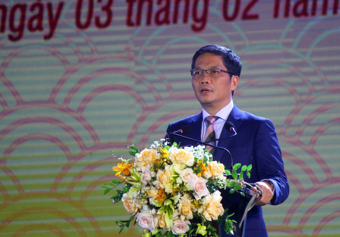 Ủy viên Bộ Chính trị, Trưởng Ban Kinh tế Trung ương Trần Tuấn Anh phát biểu tại buổi lễ. Ảnh: Tá Chuyên – TTXVN Kỷ niệm 1310 năm khởi nghĩa Hoan Châu và Khai hội Lễ hội Đền Vua Mai năm 2023 ảnh 3
