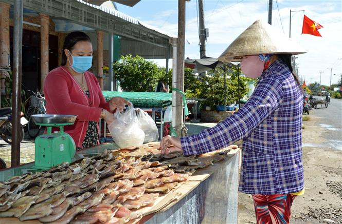 Người dân chọn mua cá khô. Ảnh: Nhựt An - TTXVN Làng cá khô Phú Thọ rộn ràng vụ Tết ảnh 4