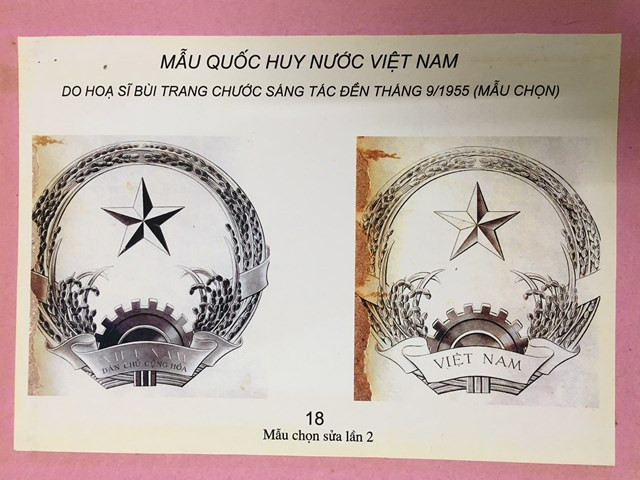 Mẫu Quốc huy số 18 của họa sĩ Bùi Trang Chước (bản tách mầu) hiện lưu tại Trung tâm Lưu trữ Quốc gia III. Ảnh: daidoanket.vn Nhân kỷ niệm 75 năm Quốc khánh 2/9: Hành trình sáng tạo Quốc huy Việt Nam ảnh 2