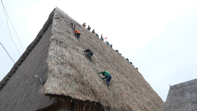 Người dân làng Kon Sơ Lăl lợp lại mái nhà rông. Ảnh: Hồng Điệp - TTXVN potal-thay-ao-moi-cho-nha-rong-kon-so-lal-gia-lai-7971075.jpg