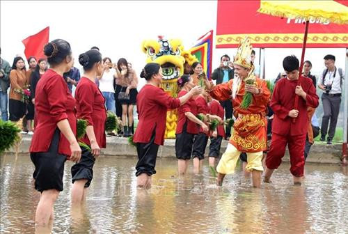 Màn tái hiện Vua Hùng dạy dân cấy lúa. Ảnh: Trung Kiên – TTXVN