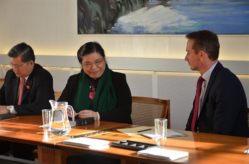 Phó Chủ tịch Quốc hội Tòng Thị Phóng trao đổi với ông Kristian Jensen, Bộ trưởng Ngoại giao Đan Mạch. Ảnh: Hoàng Hoa-TTXVN