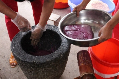 Bột nếp cẩm chín được giã cho dẻo quánh. Bột nếp cẩm chín được giã cho dẻo quánh.