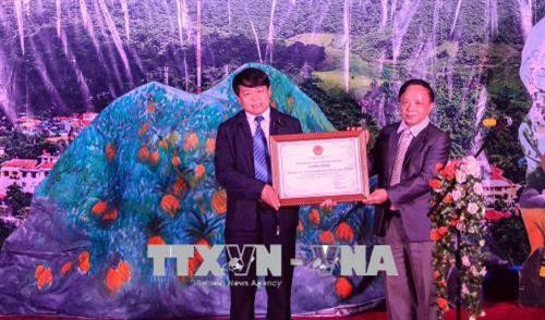 Lãnh đạo huyện Mường Chà (Điện Biên) đón nhận Bằng chứng nhận di sản văn hóa phi vật thể quốc gia đối với Nghệ thuật tạo hoa văn trên trang phục truyền thống của người Mông, ngành Mông hoa. Ảnh: Văn Dũng- TTXVN