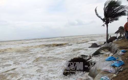 Nước biển lấn sâu vào đất liền ở bãi biển Cửa Đại (Thành phố Hội An). Ảnh: Đỗ Trưởng - TTXVN