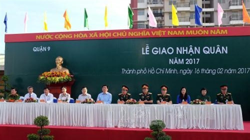 Quang cảnh lễ giao quân NVQS tại điểm giao quân Quận 9, Thành phố Hồ Chí Minh. Ảnh: Thế Anh - TTXVN