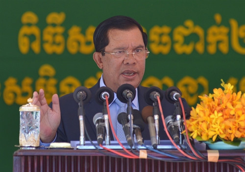 Trong ảnh (tư liệu): Thủ tướng Campuchia Samdech Hun Sen phát biểu tại Phnom Penh ngày 11/7. THX/TTXVN