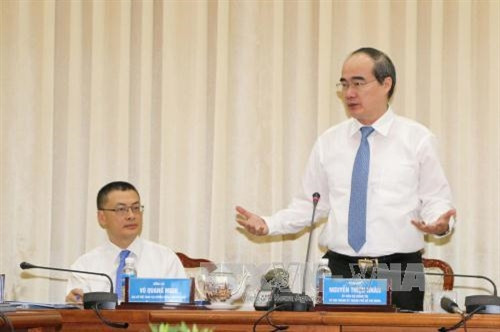 Bí thư Thành ủy Thành phố Hồ Chí Minh Nguyễn Thiện Nhân phát biểu tại buổi tiếp đoàn Trưởng các Cơ quan Đại diện Việt Nam tại nước ngoài nhiệm kỳ 2017 – 2020. Ảnh: Thanh Vũ-TTXVN