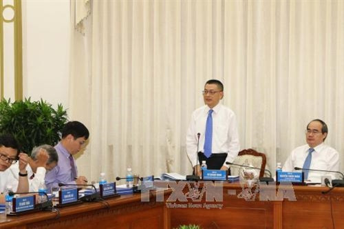 Trưởng đoàn Vũ Quang Minh, Trợ lý Bộ trưởng Ngoại giao, Đại sứ Việt Nam tại Campuchia phát biểu tại buổi gặp gỡ lãnh đạo Thành phố Hồ Chí Minh. Ảnh: Thanh Vũ-TTXVN