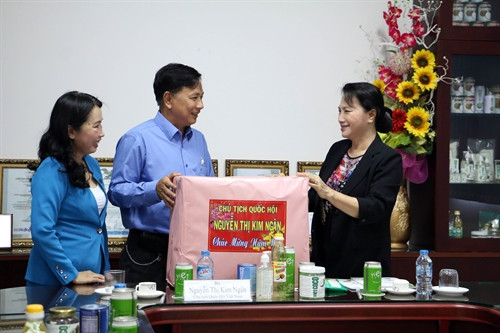 Chủ tịch Quốc hội Nguyễn Thị Kim Ngân đến thăm, chúc Tết, tặng quà Công ty TNHH Chế biến dừa Lương Quới, xã An Hiệp, huyện Châu Thành. Ảnh: Trần Thị Thu Hiền - TTXVN