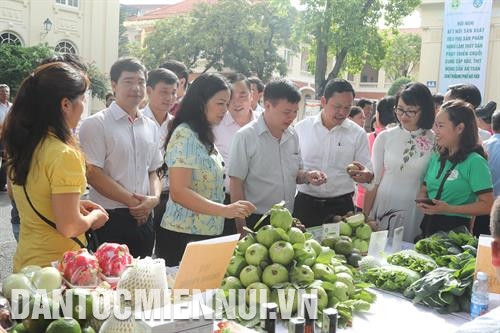 Sản phẩm ổi Đông Dư được giới thiệu bên lề Hội nghị kết nối sản xuất - tiêu thụ sản phẩm nông lâm thủy sản, phát triển chuỗi cung cấp rau, thịt, nông sản an toàn cho thành phố Hà Nội. Ảnh: Trịnh Văn