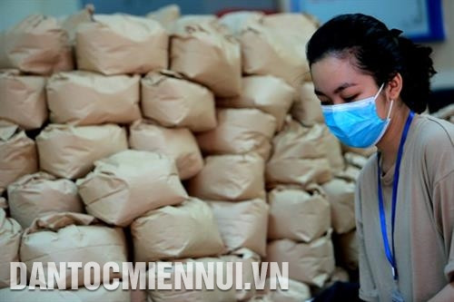 Gạo được đóng mỗi túi là 3 kg để phát cho người dân.
