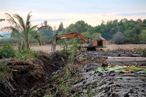 Người dân xã Khánh Bình Đông, huyện Trần Văn Thời đào mương để trữ nước phục vụ cho việc cày ải và xuống giống vụ lúa Hè Thu 2016. Người dân xã Khánh Bình Đông, huyện Trần Văn Thời đào mương để trữ nước phục vụ cho việc cày ải và xuống giống vụ lúa Hè Thu 2016.