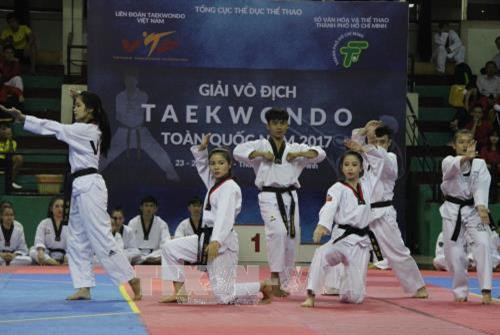 Liên đoàn Taekwondo Việt Nam giới thiệu 3 bài quyền Beegak 1, 2, 3 được Liên đoàn Taekwondo thế giới đưa vào luật thi đấu từ năm 2018. Ảnh: Xuân Dự - TTXVN