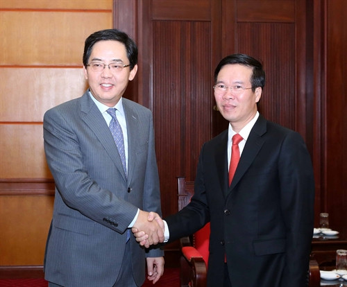 Ủy viên Bộ Chính trị, Bí thư Trung ương Đảng, Trưởng Ban Tuyên giáo Trung ương Võ Văn Thưởng tiếp Đại sứ Trung Quốc tại Việt Nam Hồng Tiểu Dũng. Ảnh: Phương Hoa - TTXVN