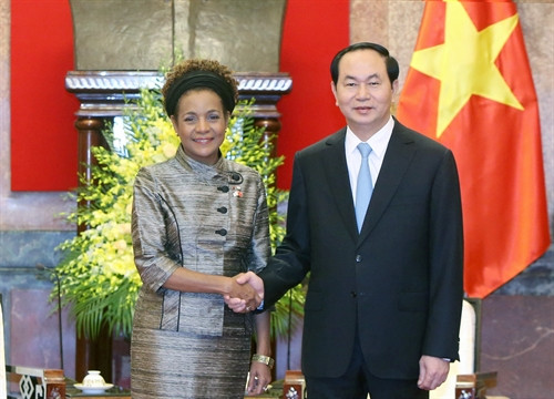 Chiều 11/10/2016, tại Phủ Chủ tịch, Chủ tịch nước Trần Đại Quang tiếp Bà Michaelle Jean, Tổng Thư ký Tổ chức Quốc tế Pháp ngữ đang thăm chính thức Việt Nam. Ảnh: Nhan Sáng-TTXVN