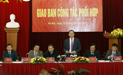 Chủ tịch nước Trần Đại Quang, Trưởng Ban Chỉ đạo Cải cách Tư pháp Trung ương phát biểu chỉ đạo tại hội nghị Giao ban công tác phối hợp của liên ngành Tư pháp Trung ương-Nội chính. Ảnh: Nhan Sáng-TTXVN