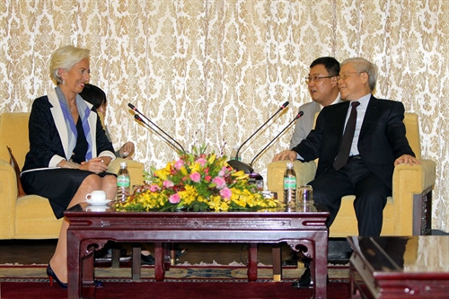 Tổng Bí thư Nguyễn Phú Trọng tiếp Tổng Giám đốc Quỹ tiền tệ Quốc tế ( IMF) Christine Largarde sang thăm và làm việc tại Việt Nam. Ảnh: Thanh Vũ – TTXVN