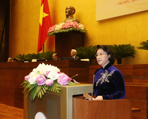 Chủ tịch Quốc hội Nguyễn Thị Kim Ngân, Chủ tịch Hội đồng bầu cử Quốc gia phát biểu khai mạc Hội nghị. Ảnh: Trọng Đức- TTXVN