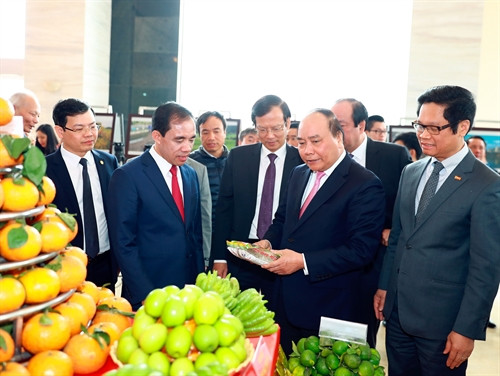 Thủ tướng Nguyễn Xuân Phúc thăm các gian hàng trưng bày, giới thiệu sản phẩm. Ảnh: Thống Nhất – TTXVN