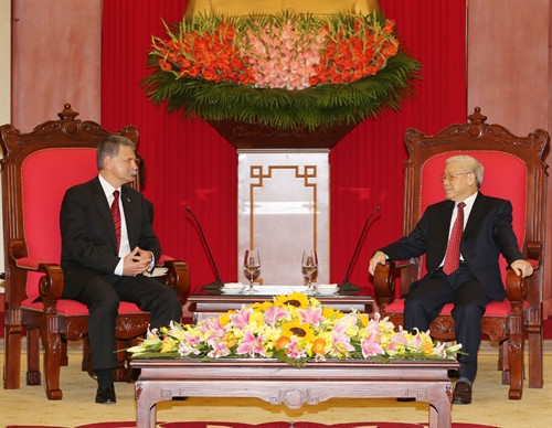 Tổng Bí thư Nguyễn Phú Trọng tiếp Chủ tịch Quốc hội Hungary Kover Laszlo. Ảnh : Trí Dũng – TTXVN