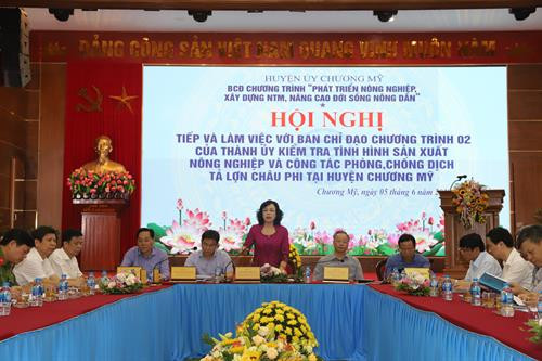 Phó Bí thư Thường trực Thành ủy Hà Nội Ngô Thị Thanh Hằng phát biểu tại buổi làm việc với huyện Chương Mỹ.