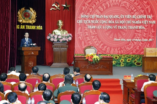 Chủ tịch nước Trần Đại Quang phát biểu tại buổi thăm các lực lượng vũ trang tỉnh Thanh Hoá. Ảnh: Nhan Sáng-TTXVN