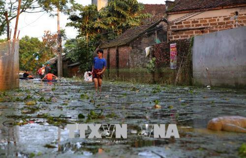 Hằng ngày, người dân xã Nam Phương Tiến phải di chuyển, chung sống trong làn nước và môi trường bị ô nhiễm nghiêm trọng bởi đủ loại chất thải tồn đọng lâu ngày (ảnh chụp ngày 6/8/2018). Ảnh: Thành Đạt – TTXVN Hằng ngày, người dân xã Nam Phương Tiến phải di chuyển, chung sống trong làn nước và môi trường bị ô nhiễm nghiêm trọng bởi đủ loại chất thải tồn đọng lâu ngày (ảnh chụp ngày 6/8/2018). Ảnh: Thành Đạt – TTXVN