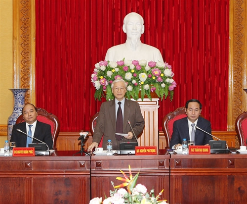 Tổng Bí thư Nguyễn Phú Trọng, Ủy viên Ban Thường vụ Đảng ủy Công an Trung ương phát biểu tại Hội nghị. Ảnh: Trí Dũng – TTXVN