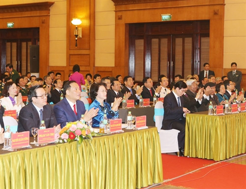 Chủ tịch Quốc hội Nguyễn Thị Kim Ngân, các đồng chí lãnh đạo, nguyên lãnh đạo Đảng, Nhà nước và các đại biểu đến dự Lễ kỷ niệm . Ảnh: Trọng Đức-TTXVN